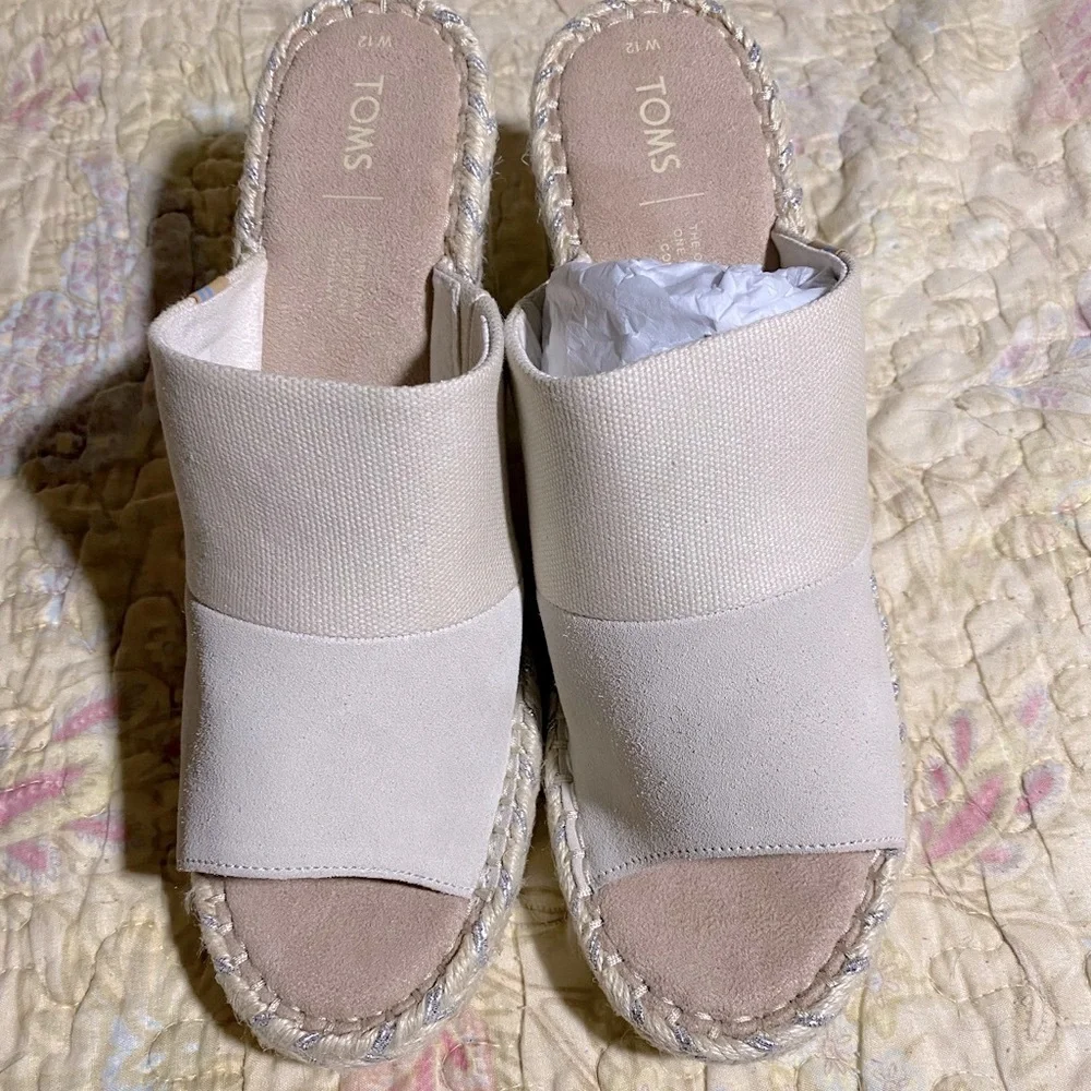 Toms White Canvas Espadrille Wedge Mules